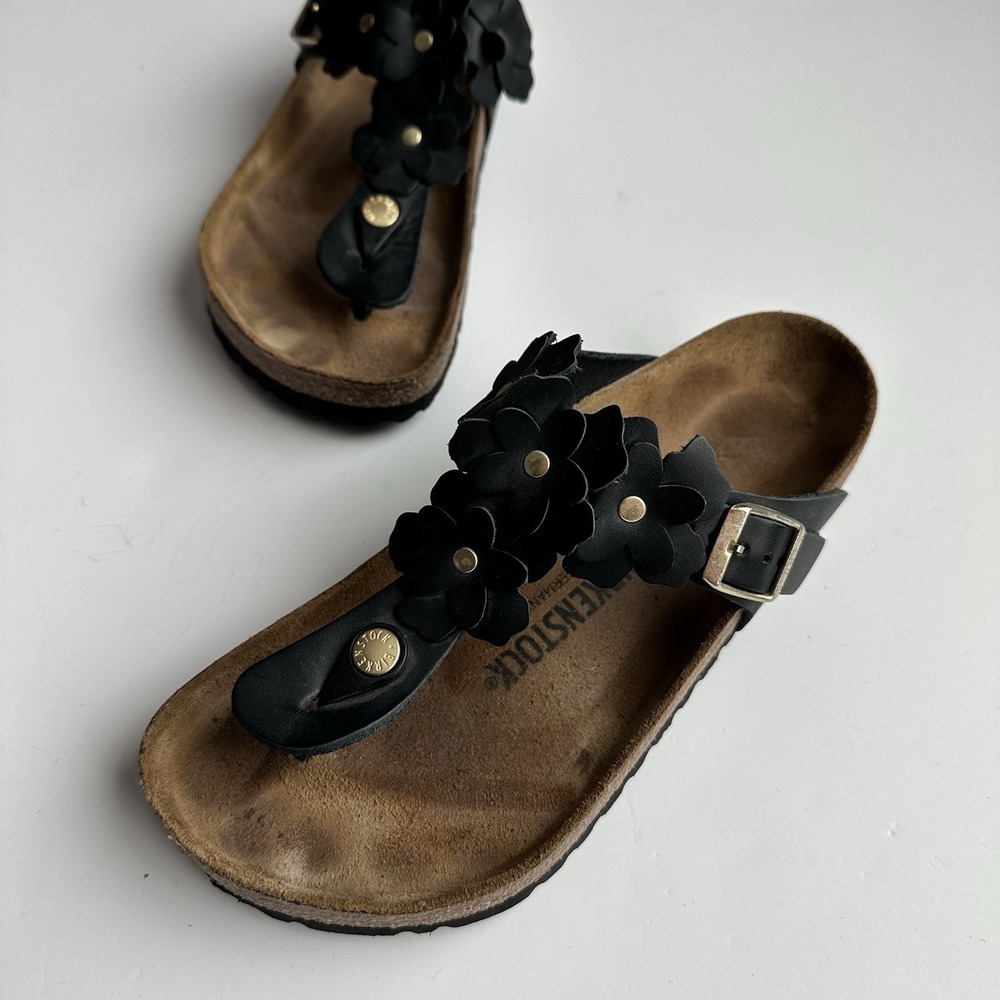 Birkenstock Gizeh Flower Sandals Women's EU 38 US 7 Black Leather Thong